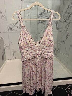 MAJORELLE Cream Floral Ruffle Sundress with Pink & Purple Accents